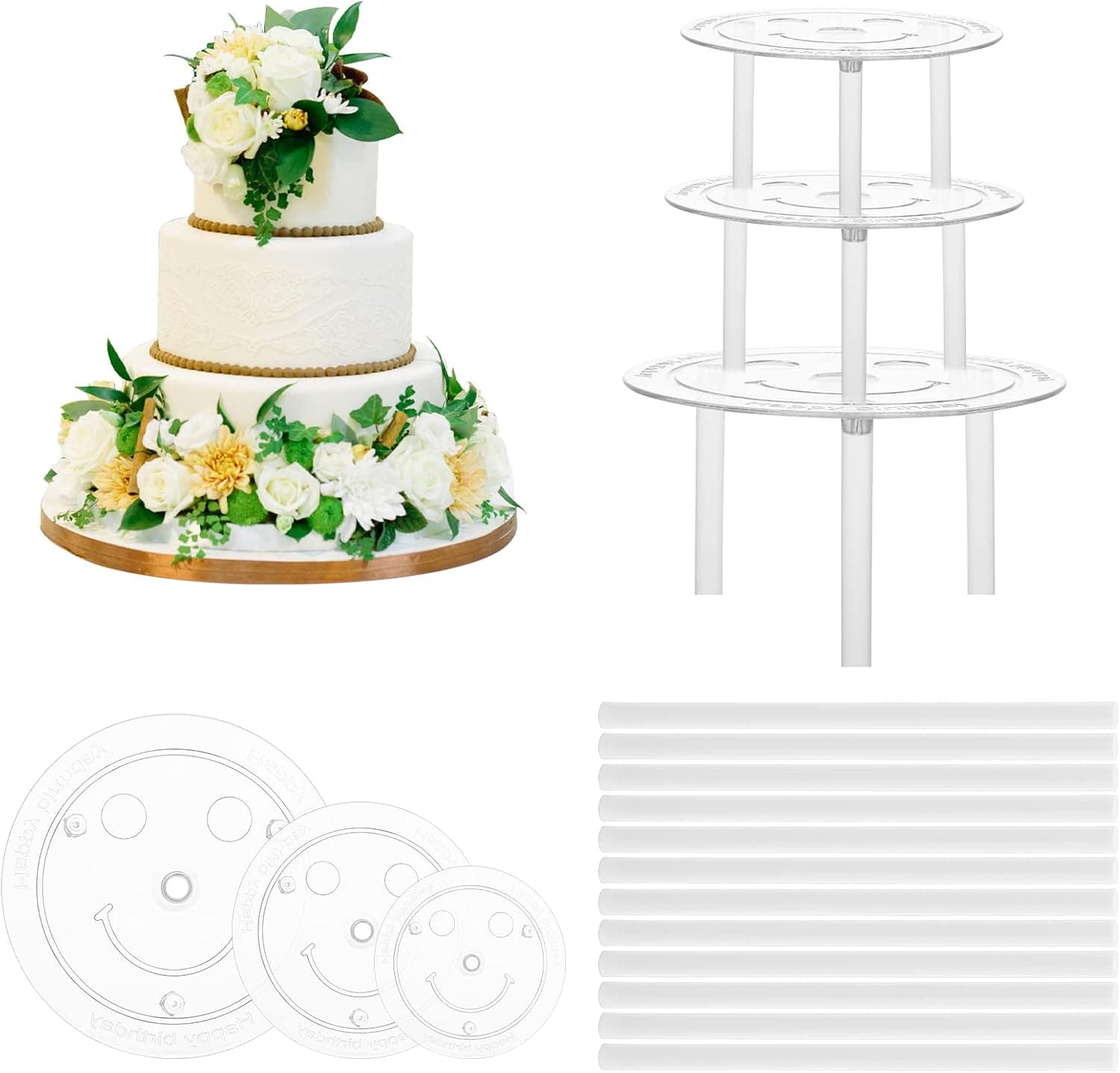 Thinp 15 Pcs Cake Dowels Rods with 3 Cake Boards Set, 4 6 8 Inch Plastic Tiered Cakes Supports